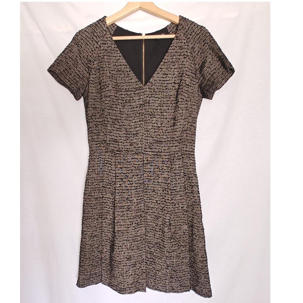 Club Monaco Davin Tweed Fit & Flare Dress‎ Pleated V-neck Short Sleeve Black 6